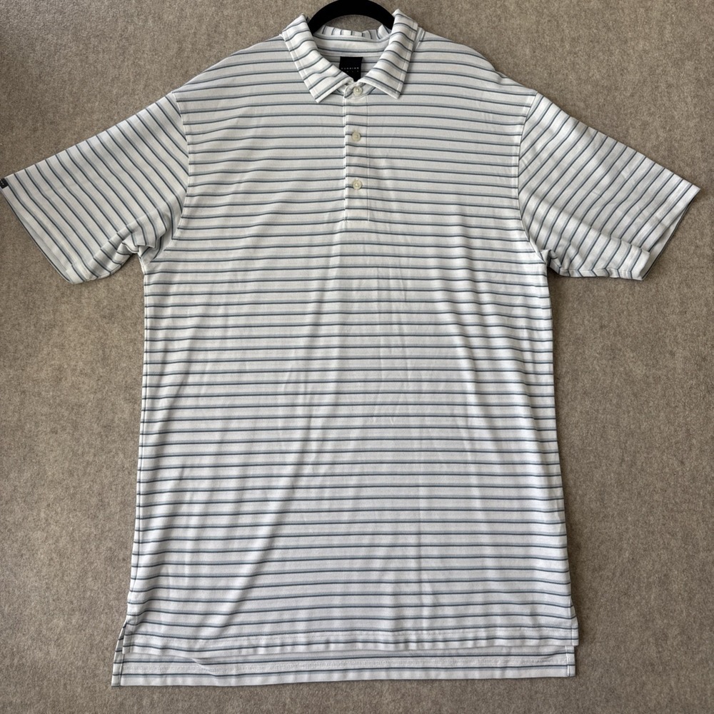 Dunning Golf Performance Polo Shirt Mens XL White Blue Stripe Coolmax Modal